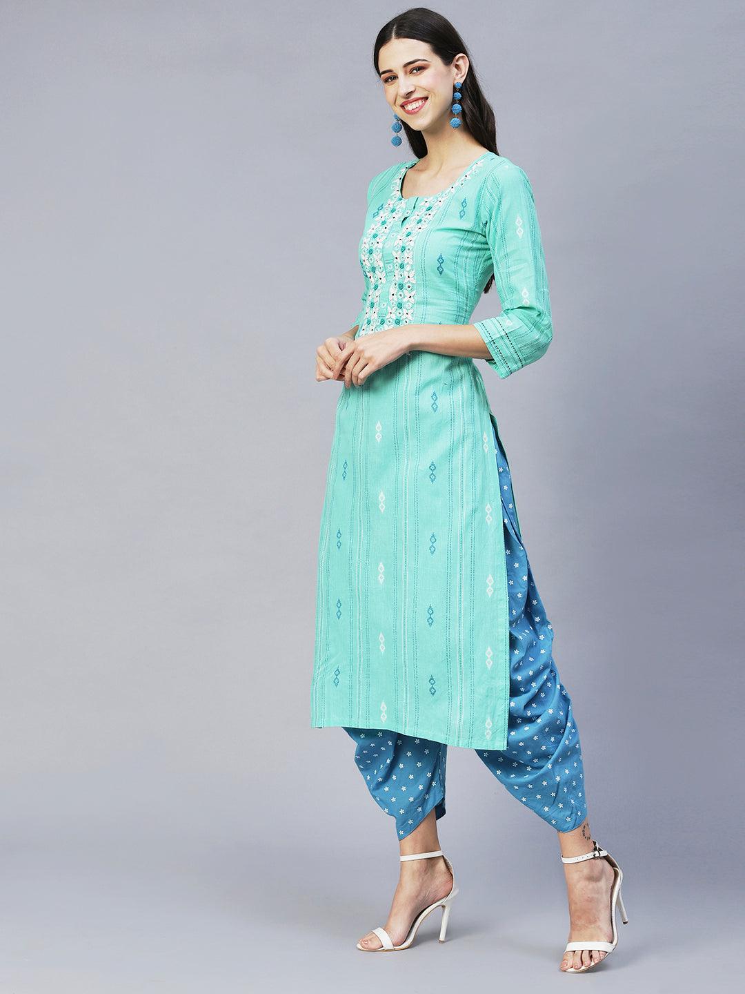 Ethnic Woven & Hand Embroidered Straight Fit Kurta – Mint Green - Indiakreations