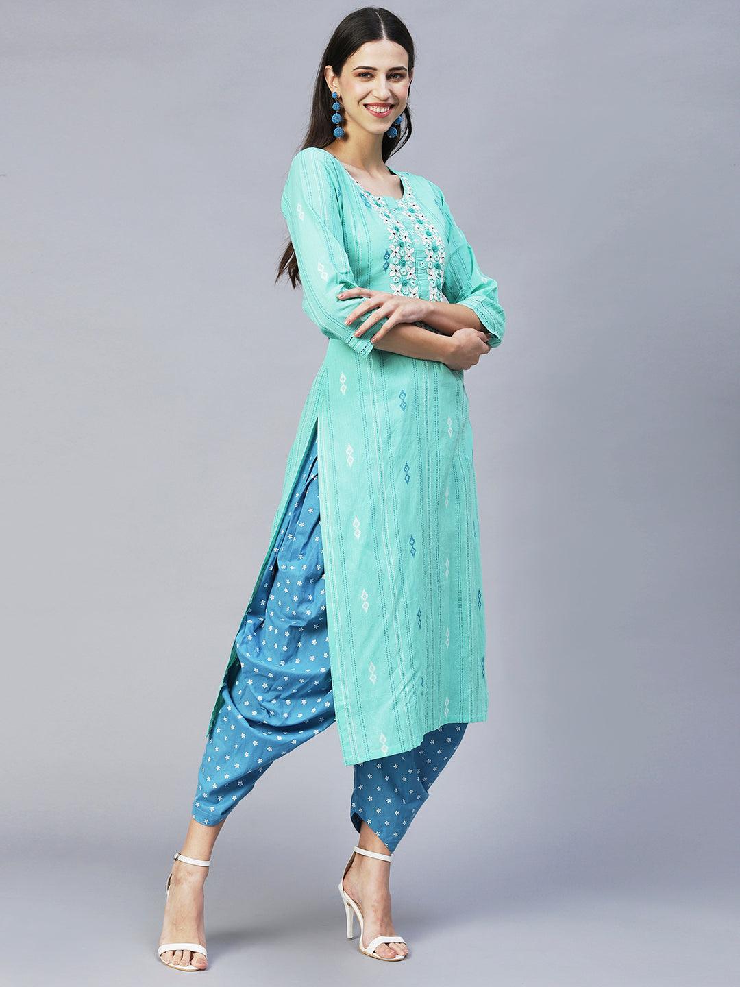 Ethnic Woven & Hand Embroidered Straight Fit Kurta – Mint Green - Indiakreations