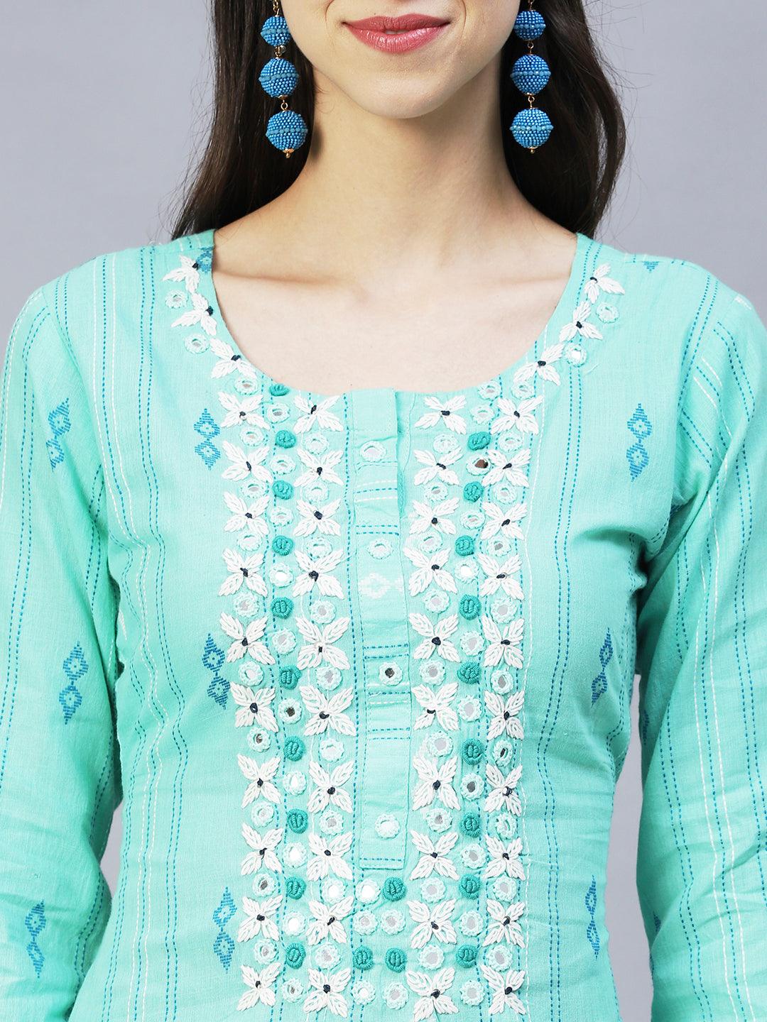 Ethnic Woven & Hand Embroidered Straight Fit Kurta – Mint Green - Indiakreations