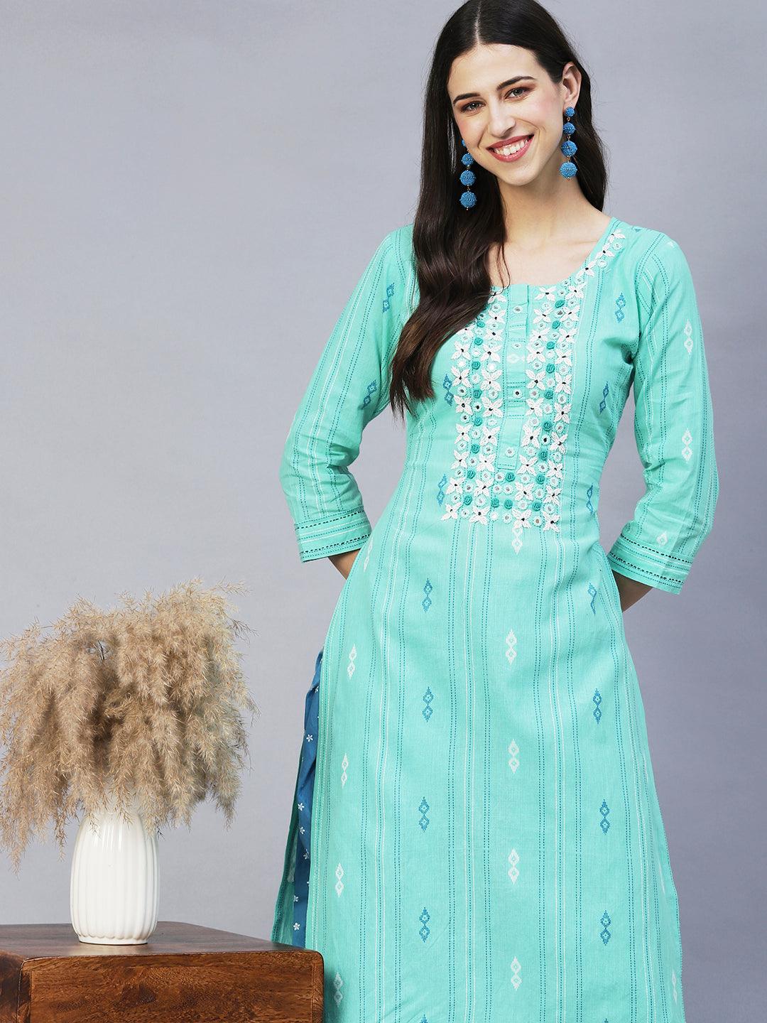 Ethnic Woven & Hand Embroidered Straight Fit Kurta – Mint Green - Indiakreations