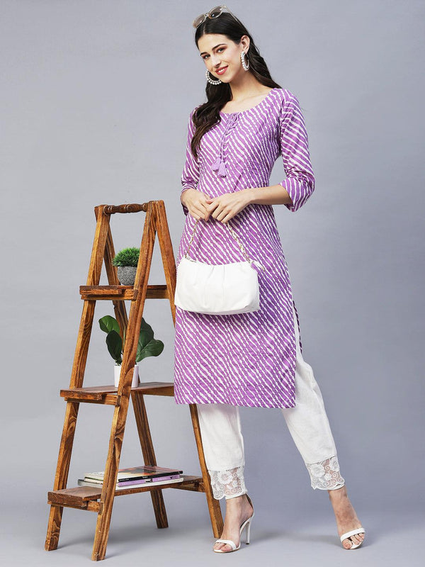 Leheriya Printed & Embroidered Straight Fit Kurta – Purple - Indiakreations