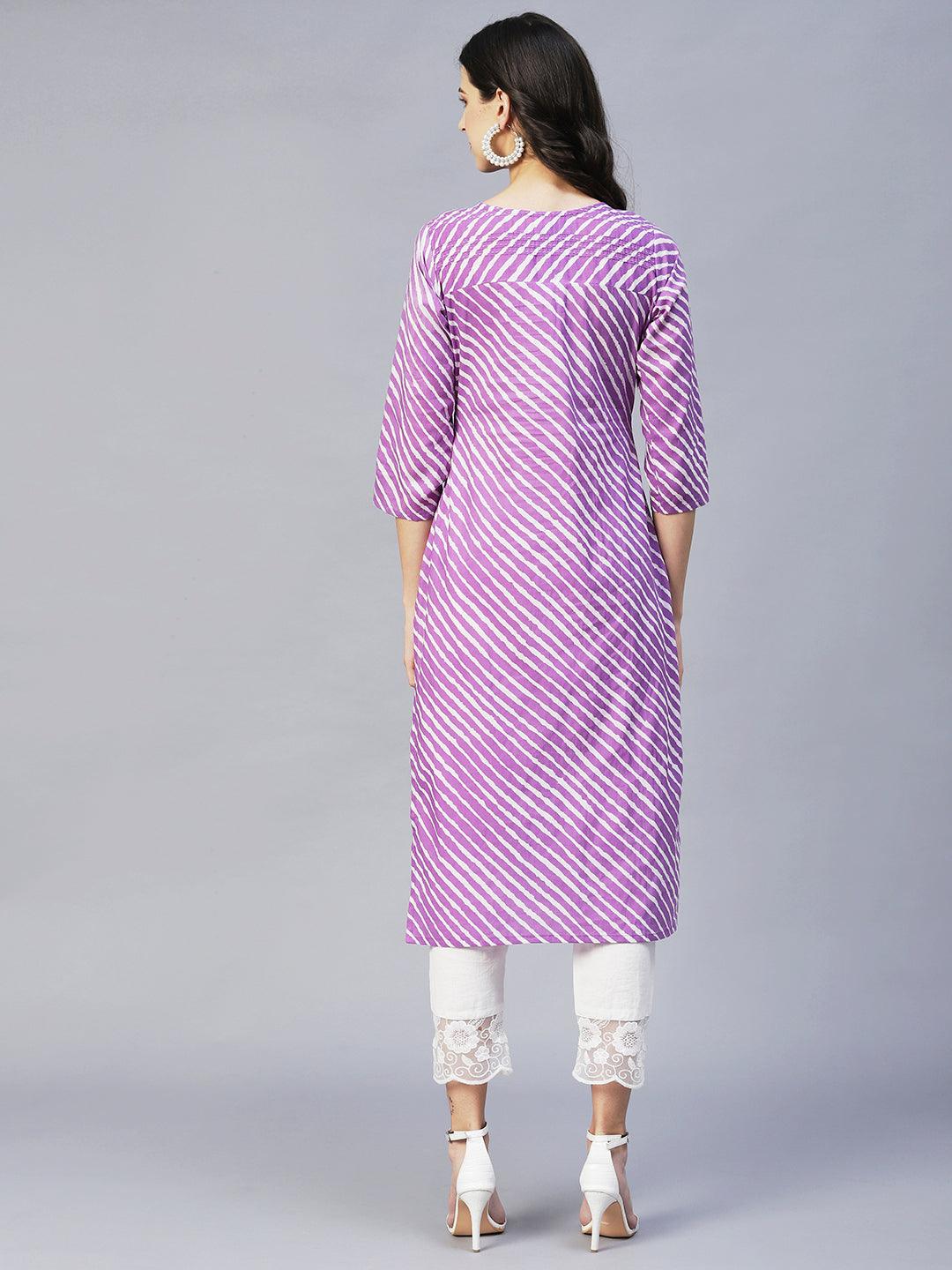 Leheriya Printed & Embroidered Straight Fit Kurta – Purple - Indiakreations