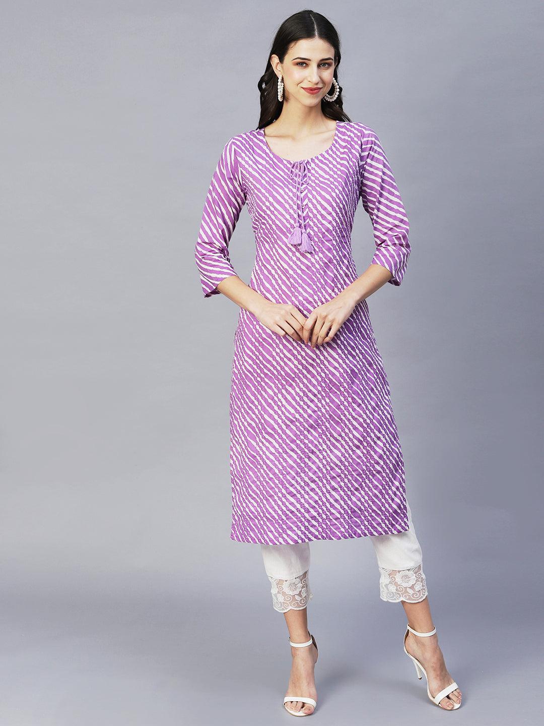 Leheriya Printed & Embroidered Straight Fit Kurta – Purple - Indiakreations