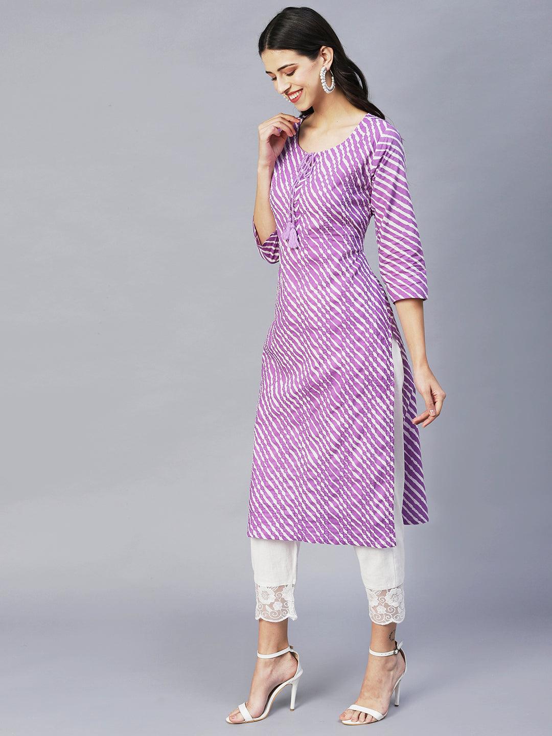 Leheriya Printed & Embroidered Straight Fit Kurta – Purple - Indiakreations