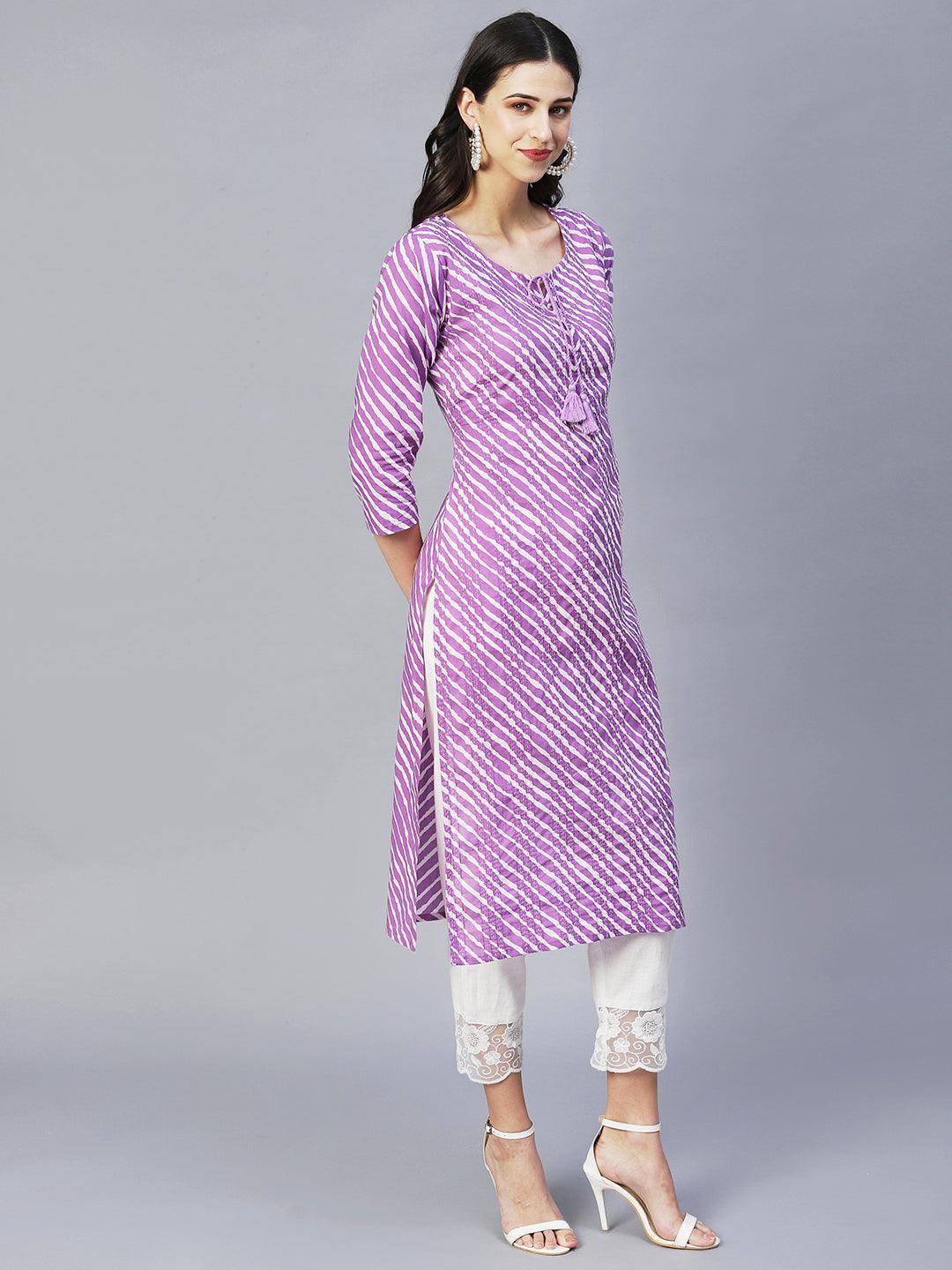 Leheriya Printed & Embroidered Straight Fit Kurta – Purple - Indiakreations