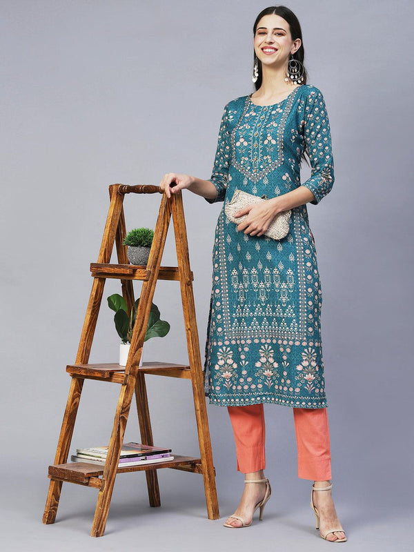 Ethnic Printed & Hand Embroidered Straight Fit Kurta – Sea Green - Indiakreations