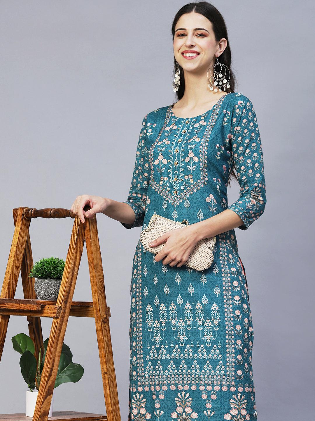 Ethnic Printed & Hand Embroidered Straight Fit Kurta – Sea Green - Indiakreations