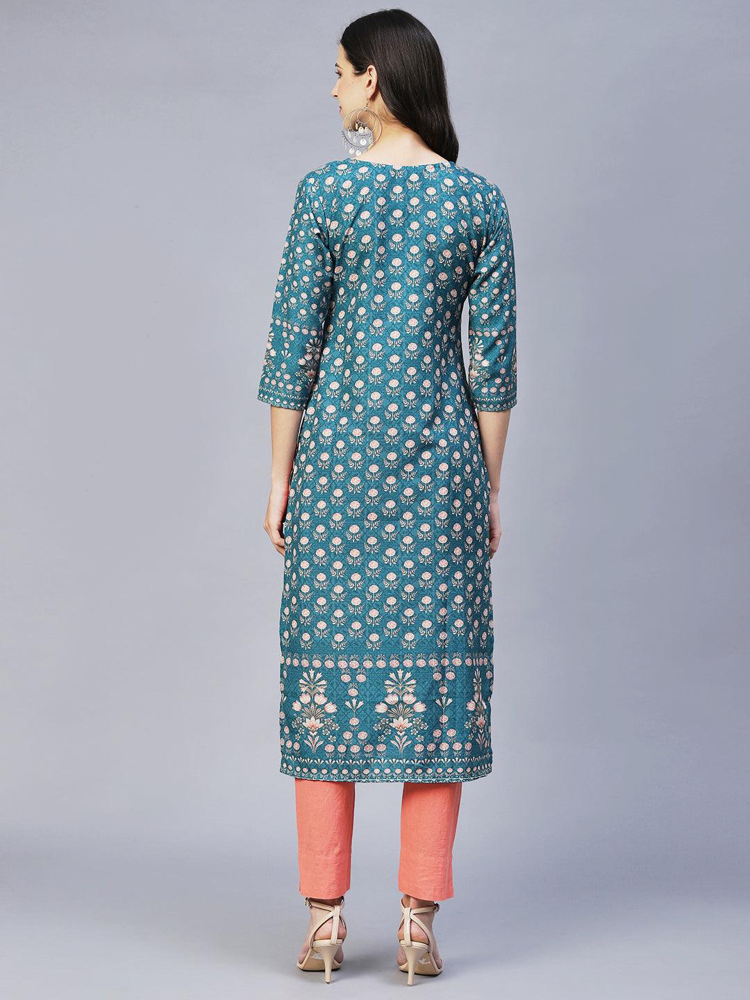 Ethnic Printed & Hand Embroidered Straight Fit Kurta – Sea Green - Indiakreations