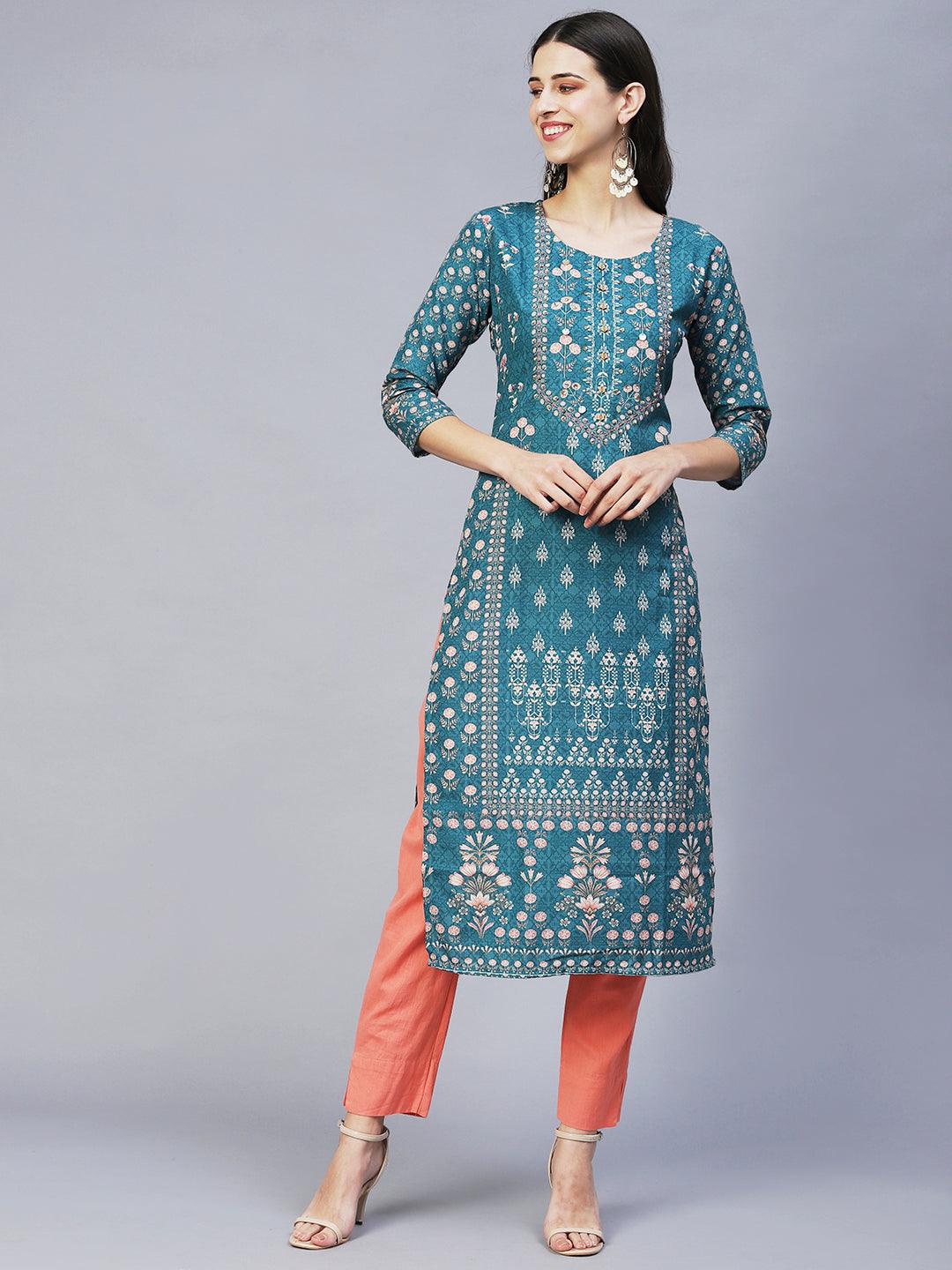 Ethnic Printed & Hand Embroidered Straight Fit Kurta – Sea Green - Indiakreations