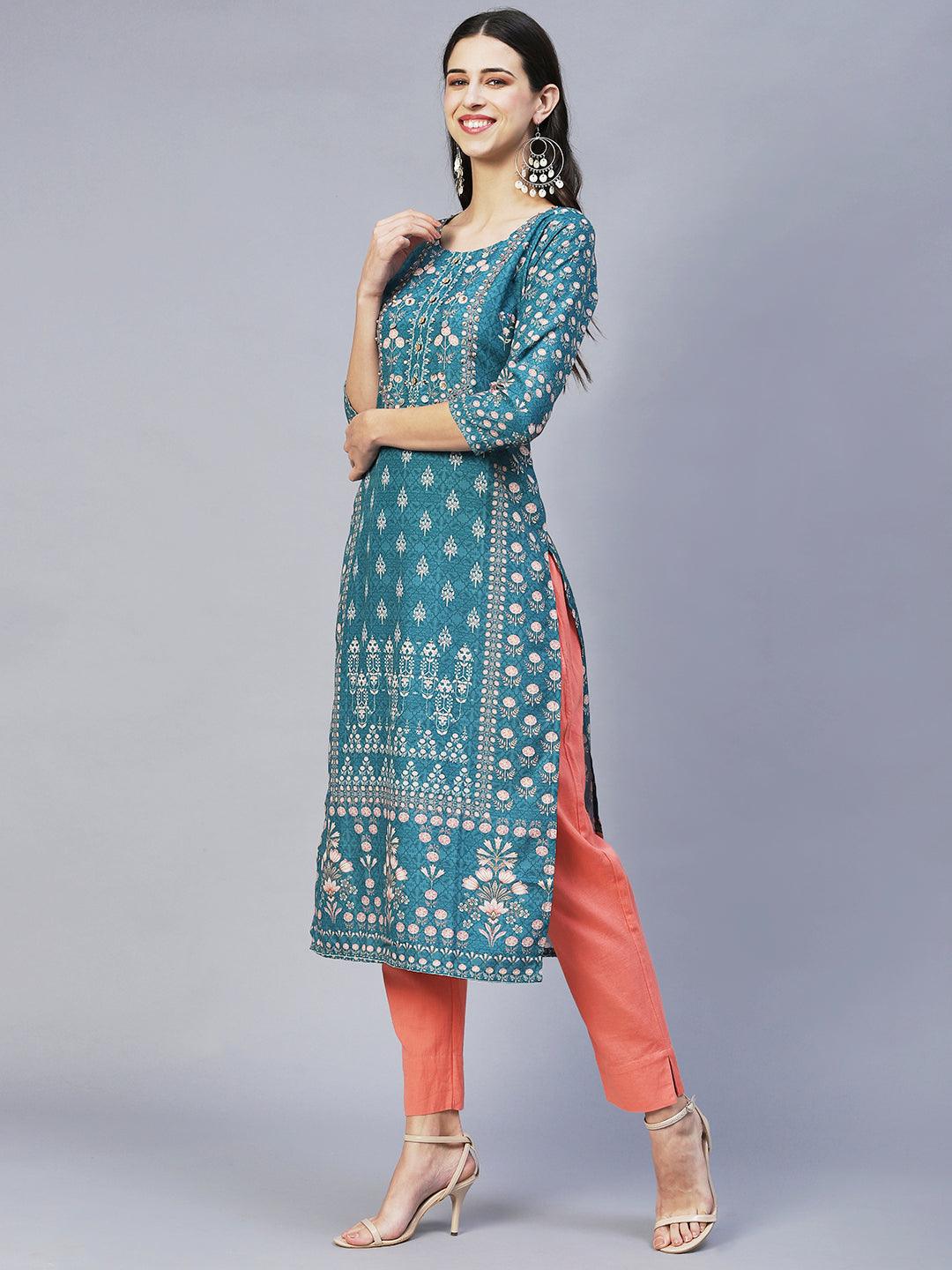 Ethnic Printed & Hand Embroidered Straight Fit Kurta – Sea Green - Indiakreations