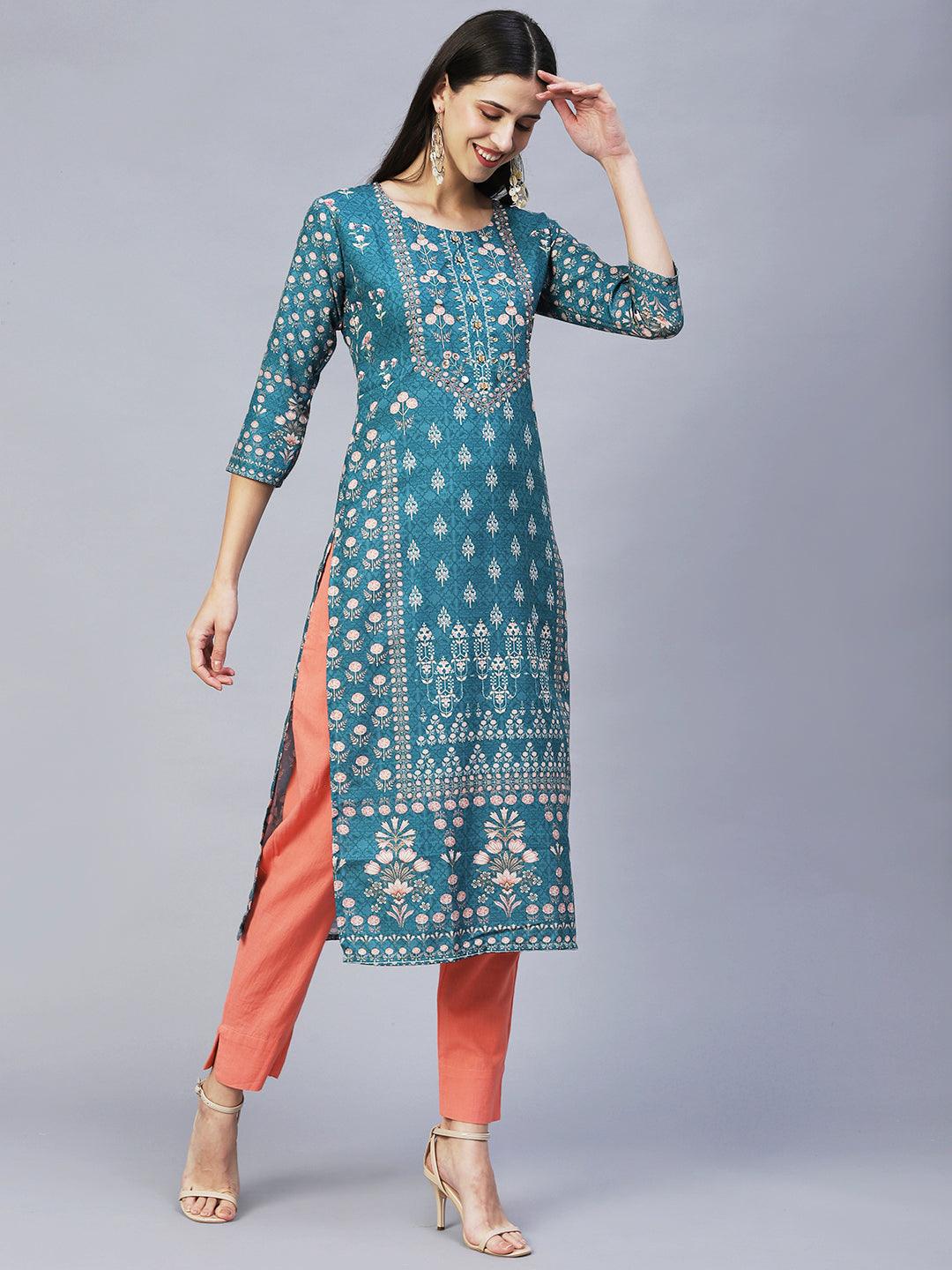 Ethnic Printed & Hand Embroidered Straight Fit Kurta – Sea Green - Indiakreations