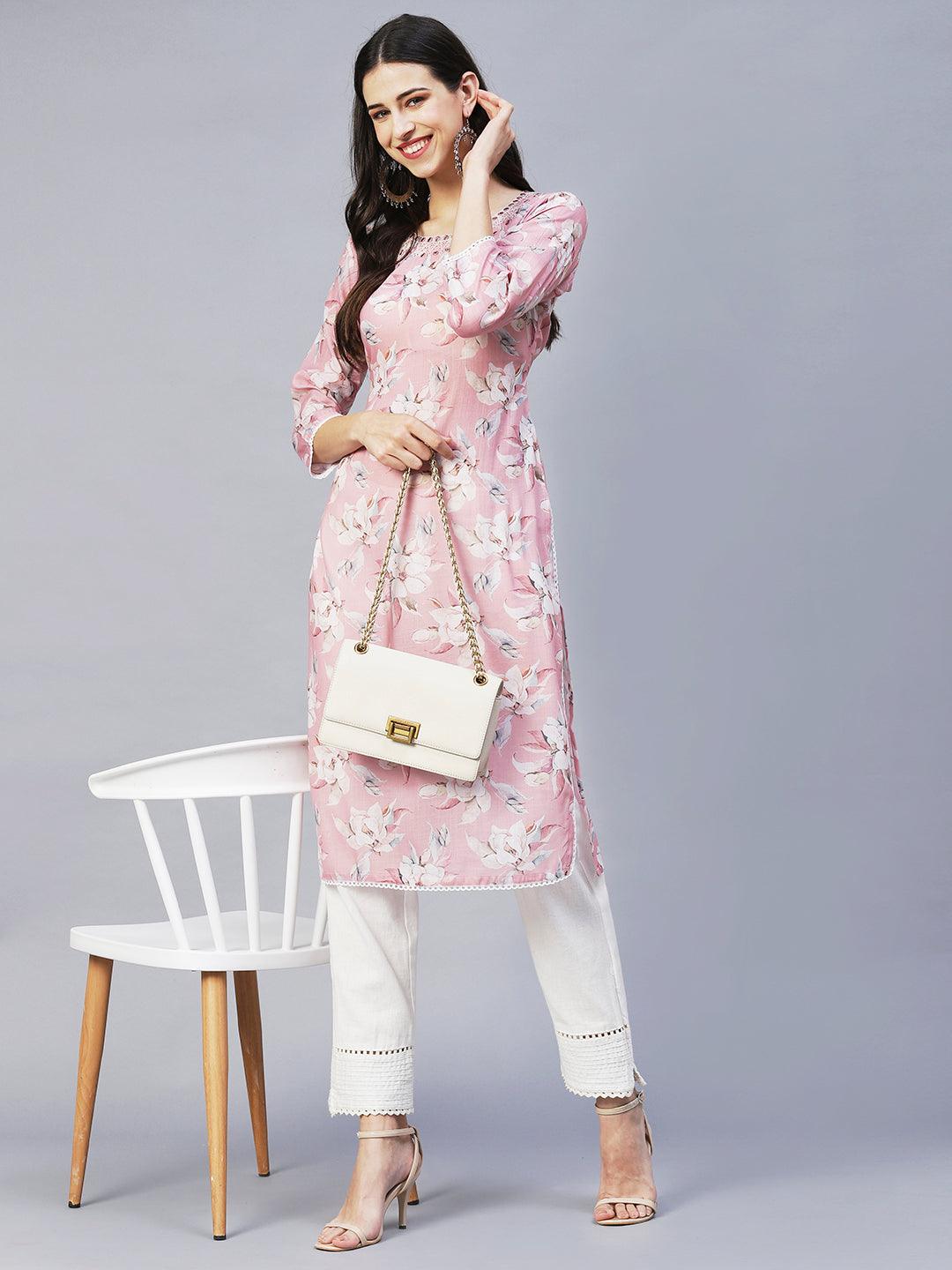 Floral Printed & Embroidered Straight Fit Kurta – Pink - Indiakreations