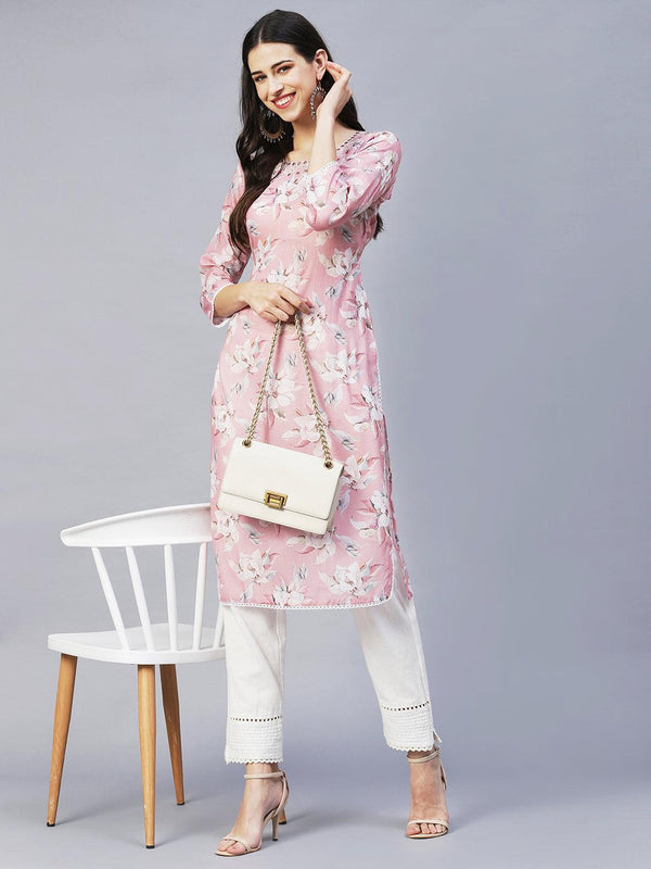 Floral Printed & Embroidered Straight Fit Kurta – Pink - Indiakreations