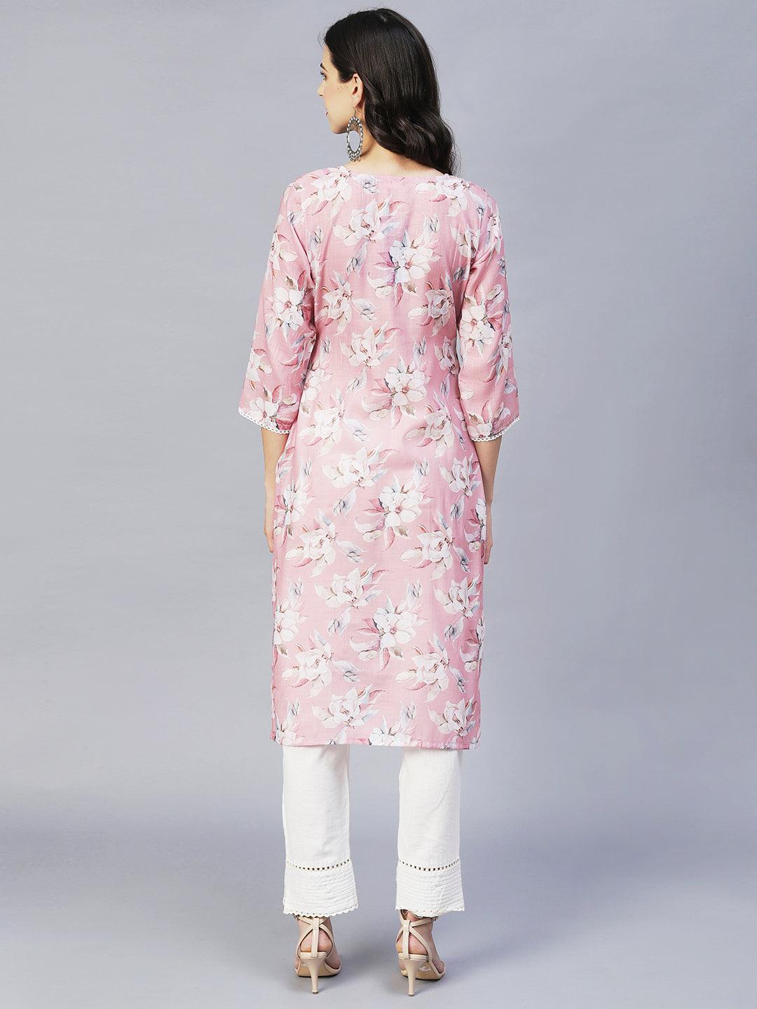 Floral Printed & Embroidered Straight Fit Kurta – Pink - Indiakreations