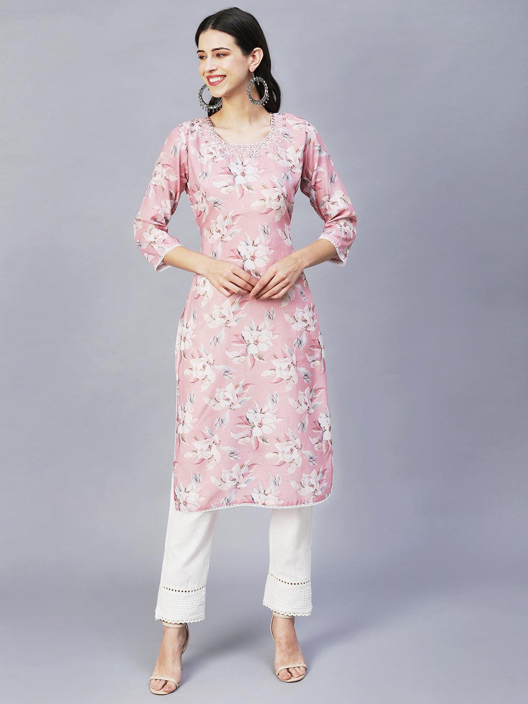 Floral Printed & Embroidered Straight Fit Kurta – Pink - Indiakreations