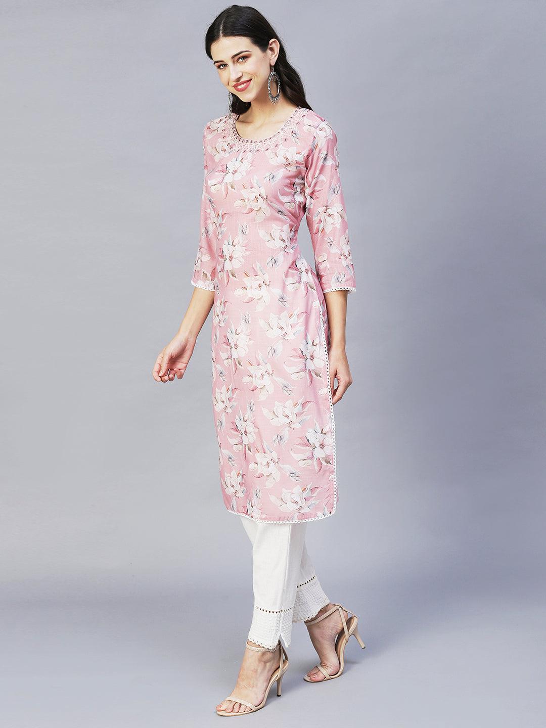 Floral Printed & Embroidered Straight Fit Kurta – Pink - Indiakreations