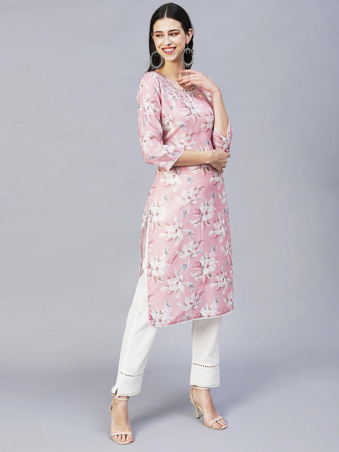 Floral Printed & Embroidered Straight Fit Kurta – Pink - Indiakreations