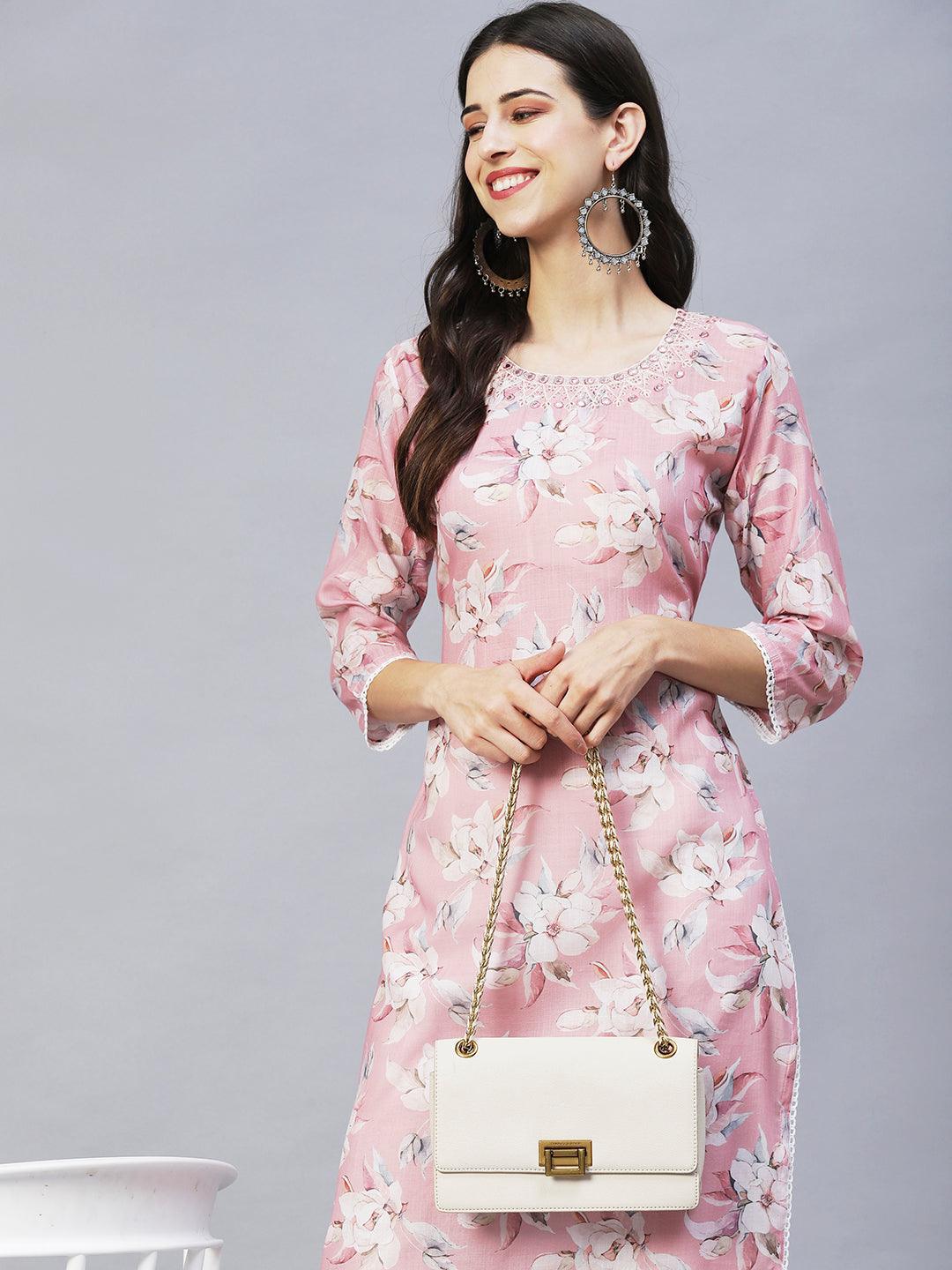 Floral Printed & Embroidered Straight Fit Kurta – Pink - Indiakreations