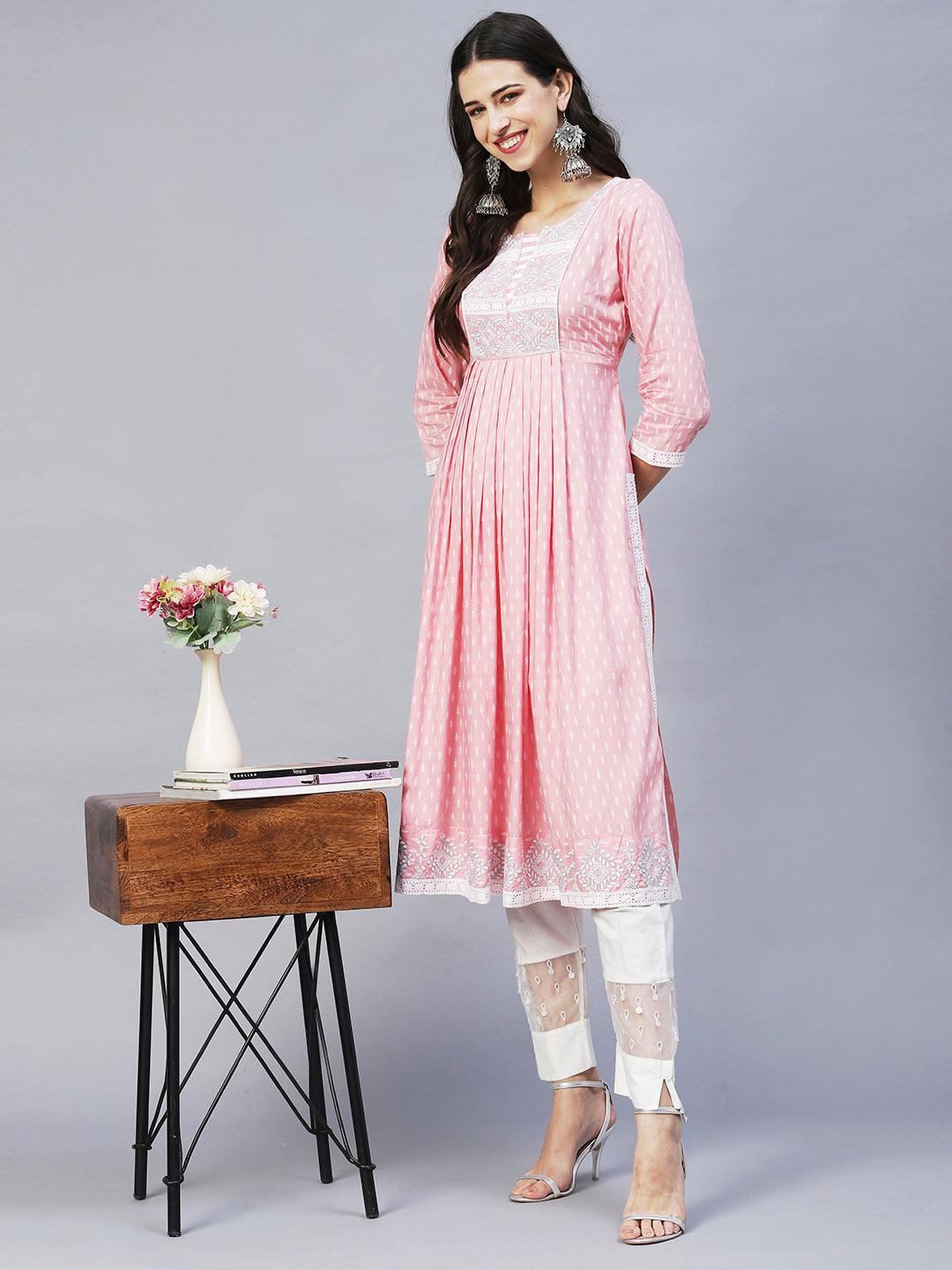 Ethnic Printed & Embroidered A- line Flare Kurta – Pink - Indiakreations