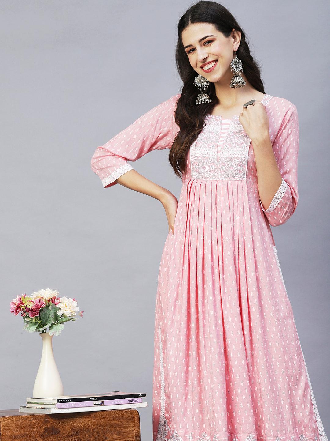 Ethnic Printed & Embroidered A- line Flare Kurta – Pink - Indiakreations