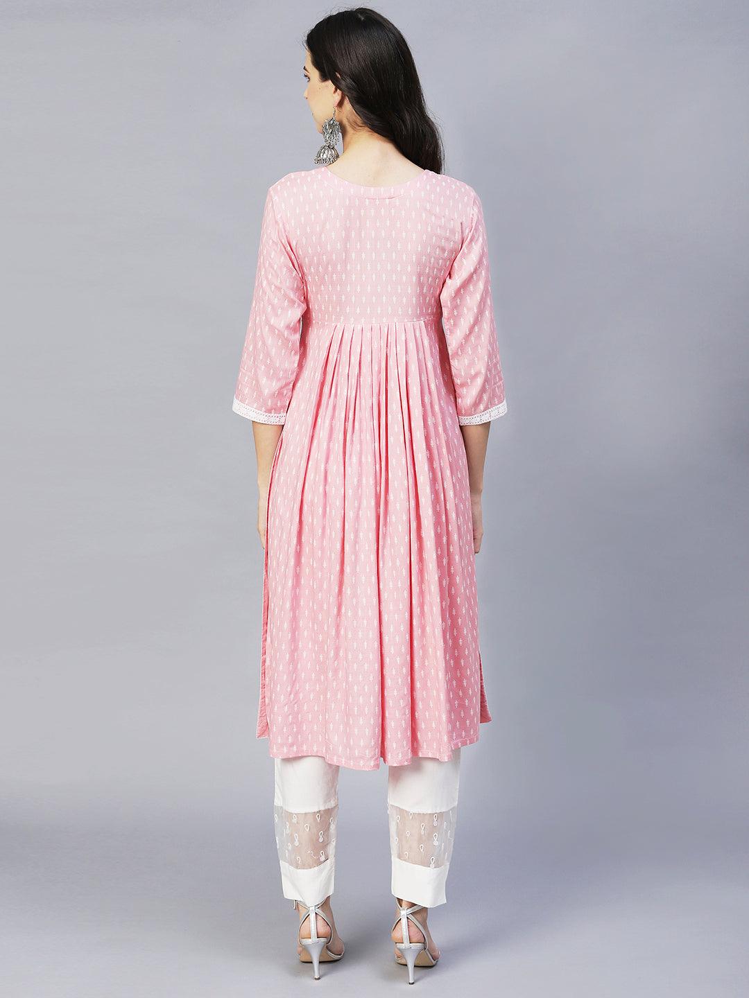 Ethnic Printed & Embroidered A- line Flare Kurta – Pink - Indiakreations