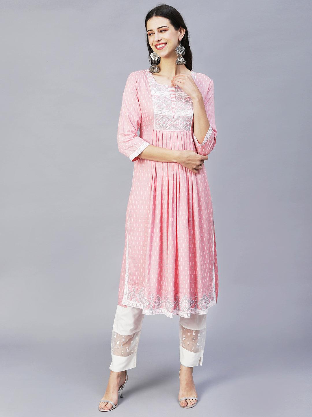 Ethnic Printed & Embroidered A- line Flare Kurta – Pink - Indiakreations