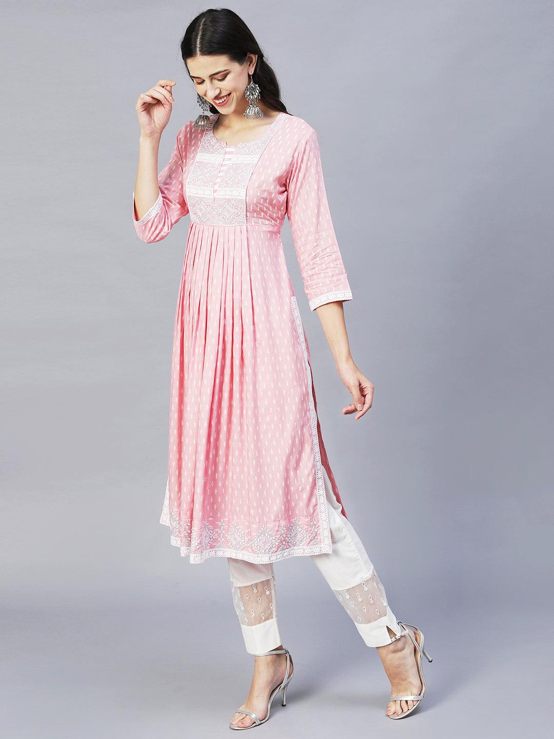 Ethnic Printed & Embroidered A- line Flare Kurta – Pink - Indiakreations