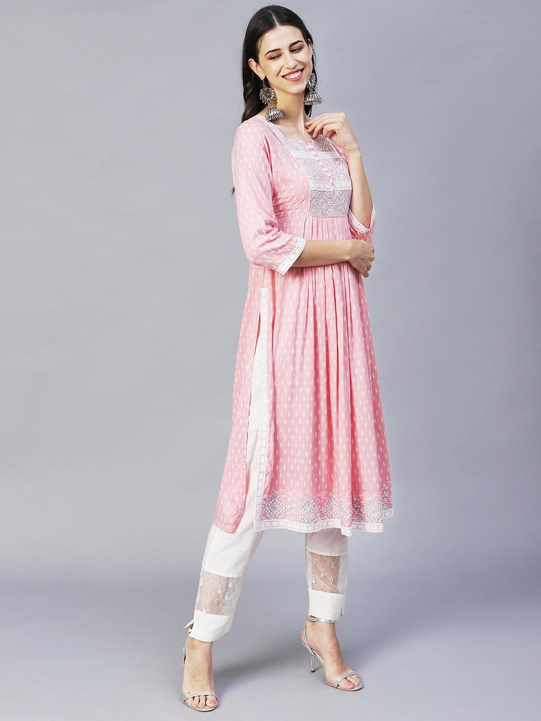 Ethnic Printed & Embroidered A- line Flare Kurta – Pink - Indiakreations