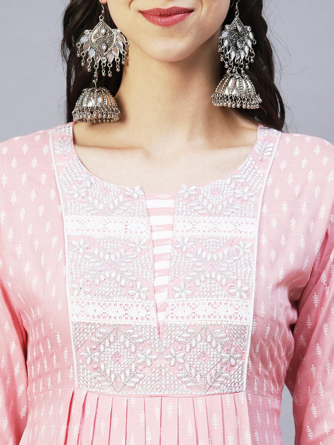 Ethnic Printed & Embroidered A- line Flare Kurta – Pink - Indiakreations