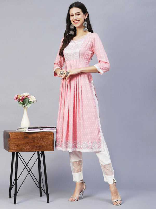 Ethnic Printed & Embroidered A- line Flare Kurta – Pink - Indiakreations