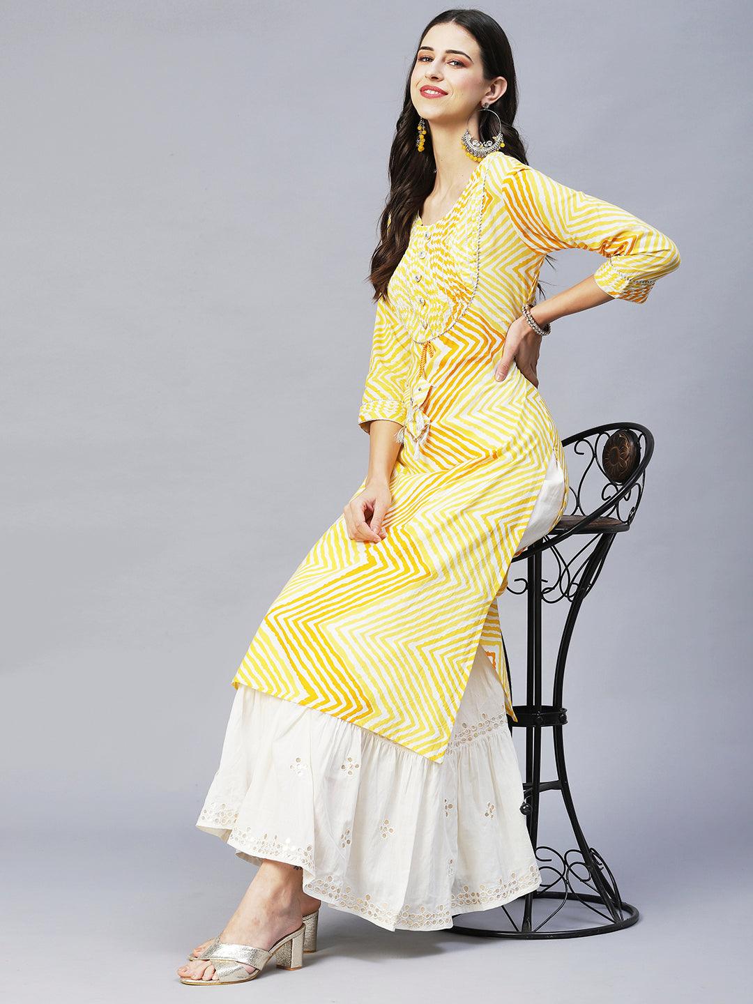 Leheriya Printed & Embroidered Straight Fit Kurta – Yellow - Indiakreations