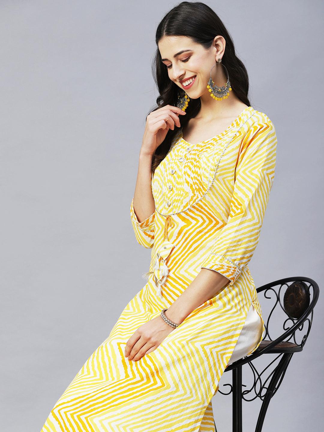 Leheriya Printed & Embroidered Straight Fit Kurta – Yellow - Indiakreations