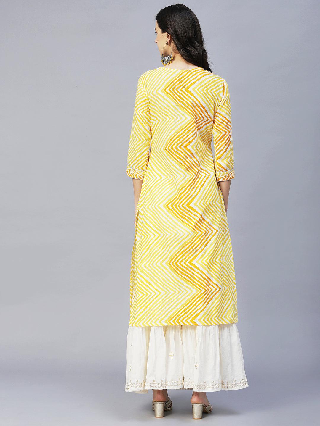 Leheriya Printed & Embroidered Straight Fit Kurta – Yellow - Indiakreations