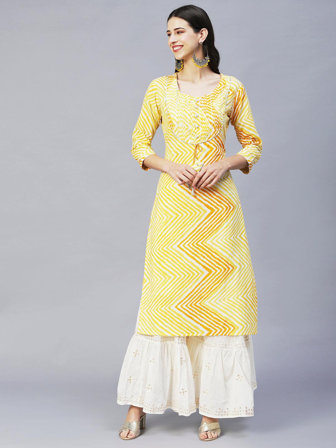 Leheriya Printed & Embroidered Straight Fit Kurta – Yellow - Indiakreations