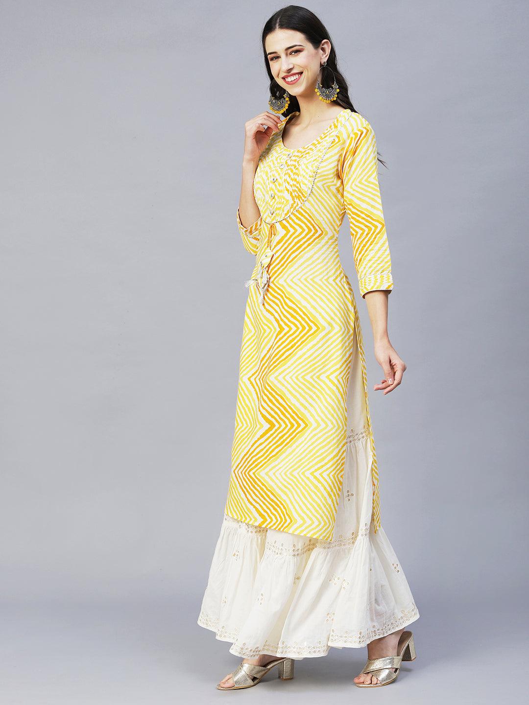 Leheriya Printed & Embroidered Straight Fit Kurta – Yellow - Indiakreations