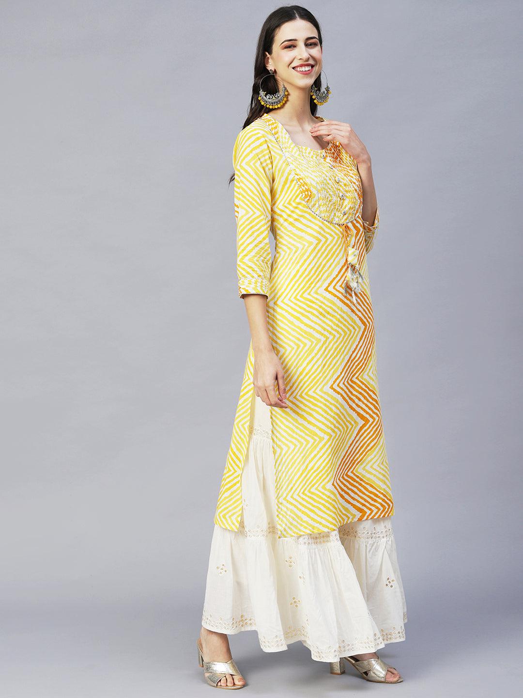 Leheriya Printed & Embroidered Straight Fit Kurta – Yellow - Indiakreations