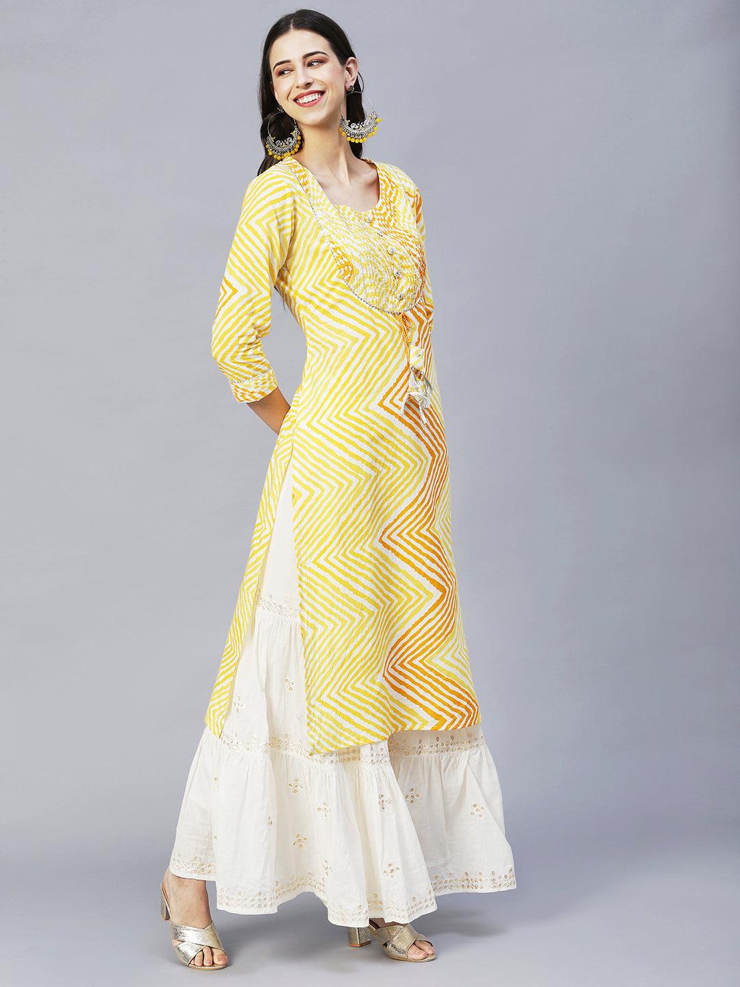 Leheriya Printed & Embroidered Straight Fit Kurta – Yellow - Indiakreations