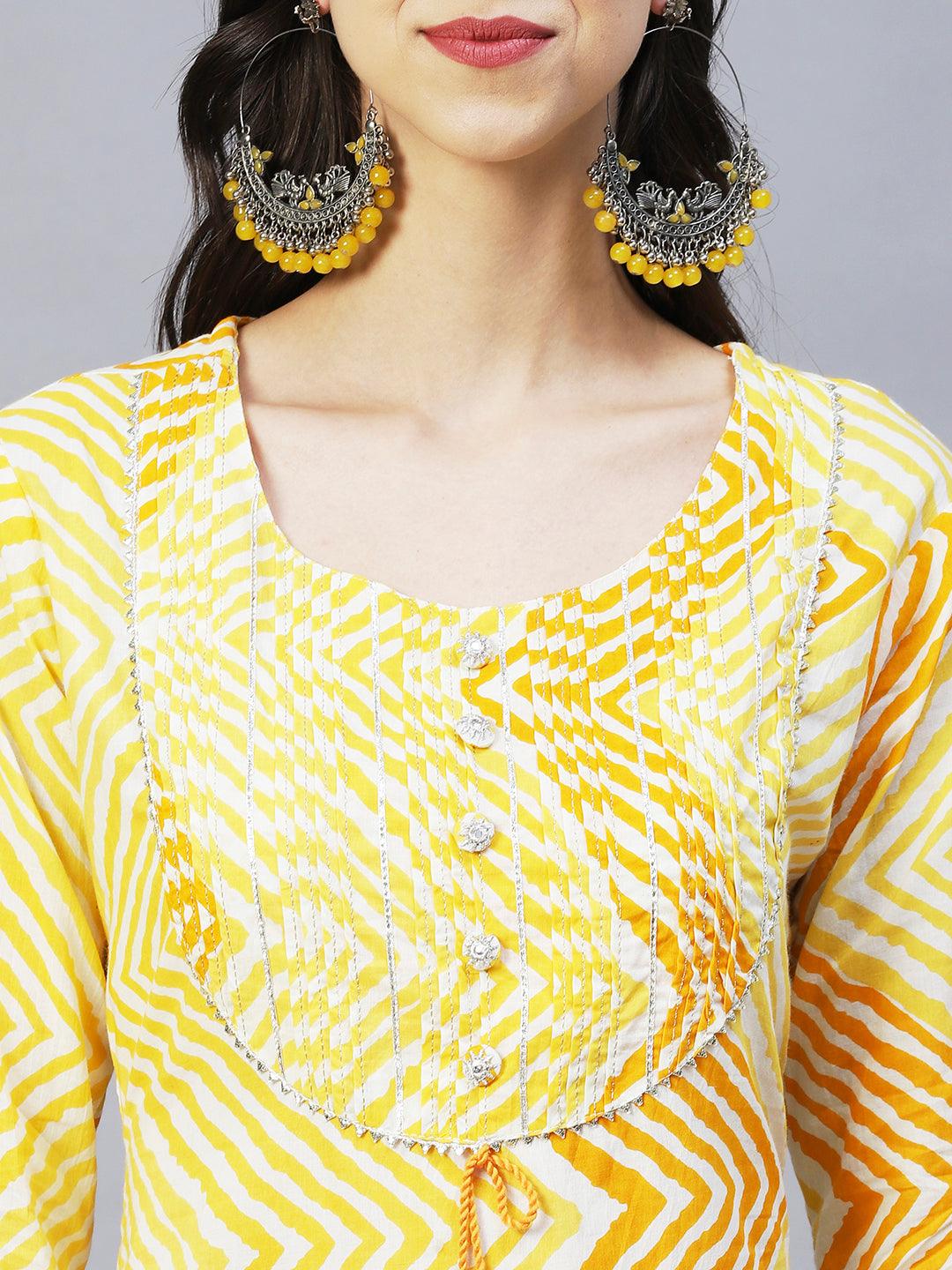 Leheriya Printed & Embroidered Straight Fit Kurta – Yellow - Indiakreations