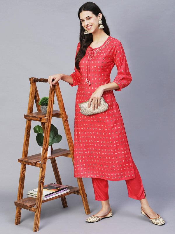 Ethnic Printed & Hand Embroidered Straight Fit Kurta with Pants - Coral Red - Indiakreations