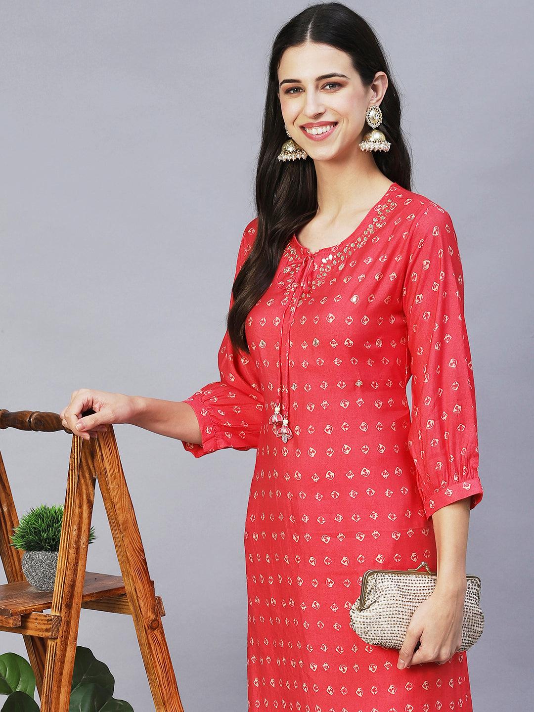 Ethnic Printed & Hand Embroidered Straight Fit Kurta with Pants - Coral Red - Indiakreations