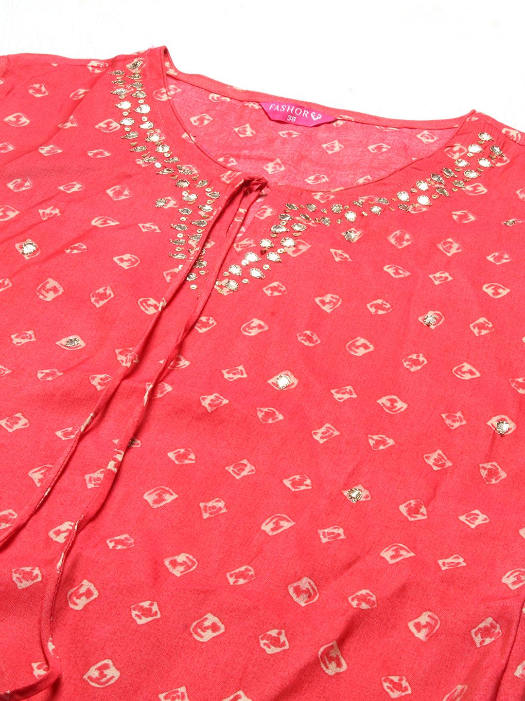 Ethnic Printed & Hand Embroidered Straight Fit Kurta with Pants - Coral Red - Indiakreations