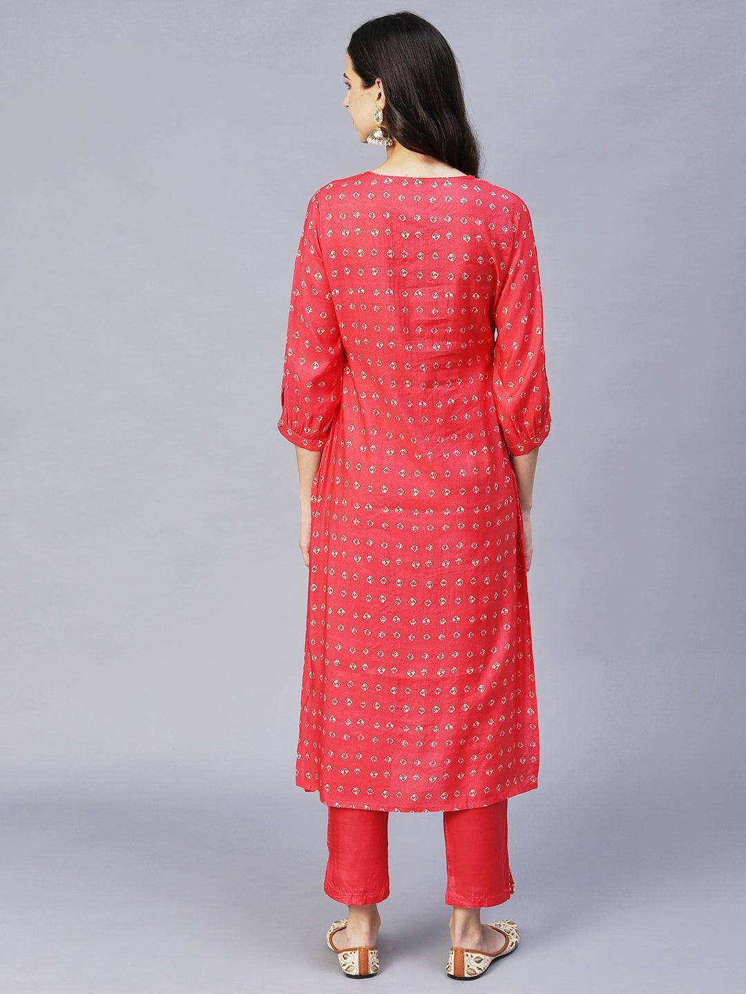 Ethnic Printed & Hand Embroidered Straight Fit Kurta with Pants - Coral Red - Indiakreations