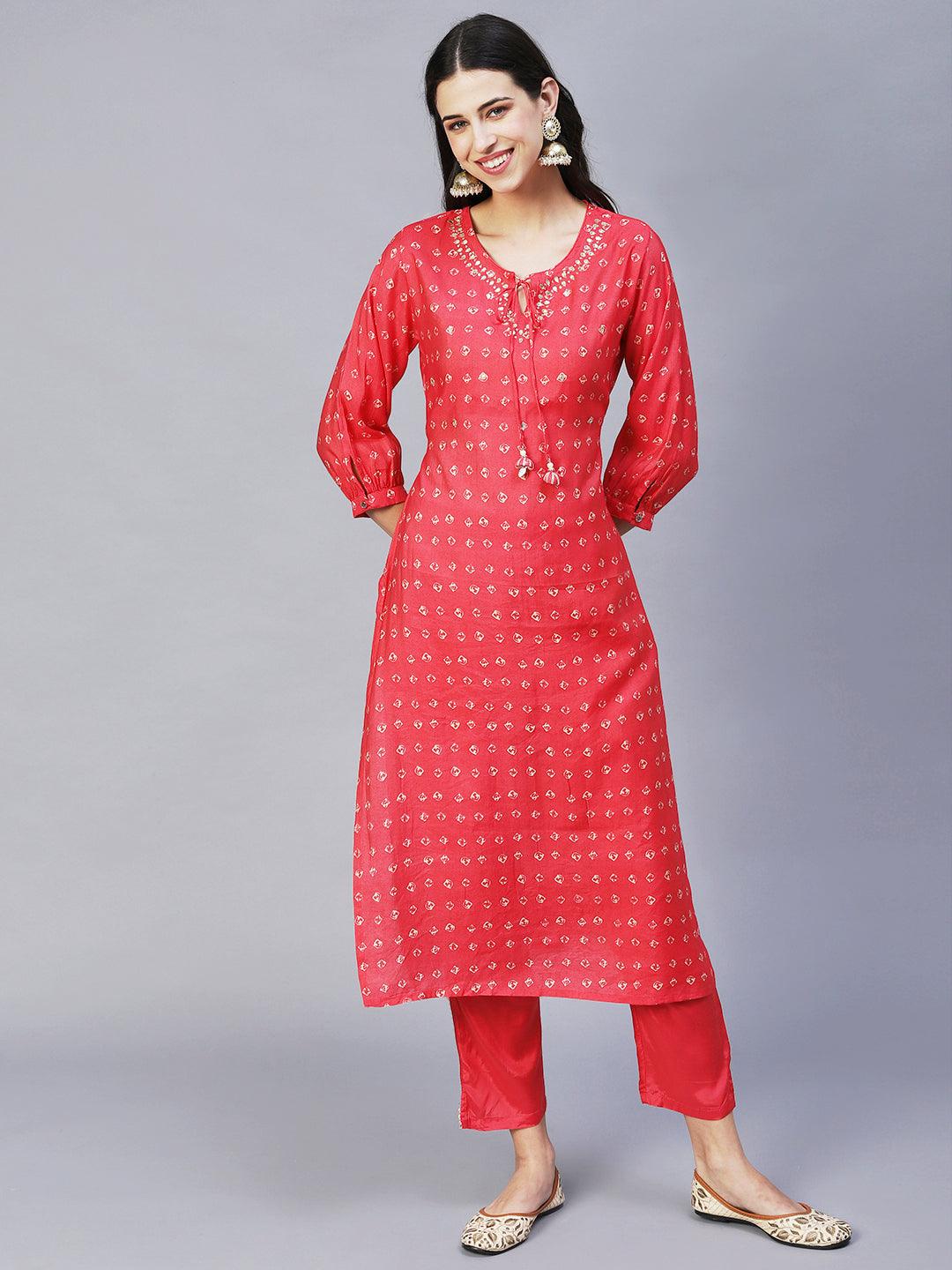 Ethnic Printed & Hand Embroidered Straight Fit Kurta with Pants - Coral Red - Indiakreations