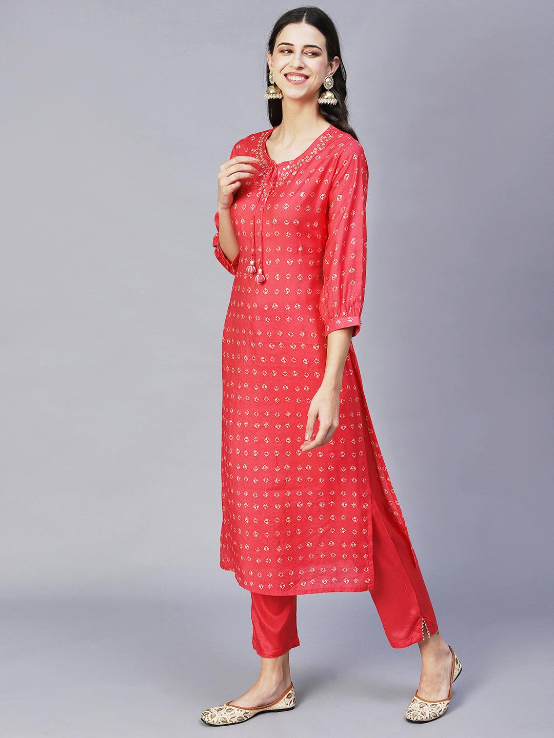 Ethnic Printed & Hand Embroidered Straight Fit Kurta with Pants - Coral Red - Indiakreations