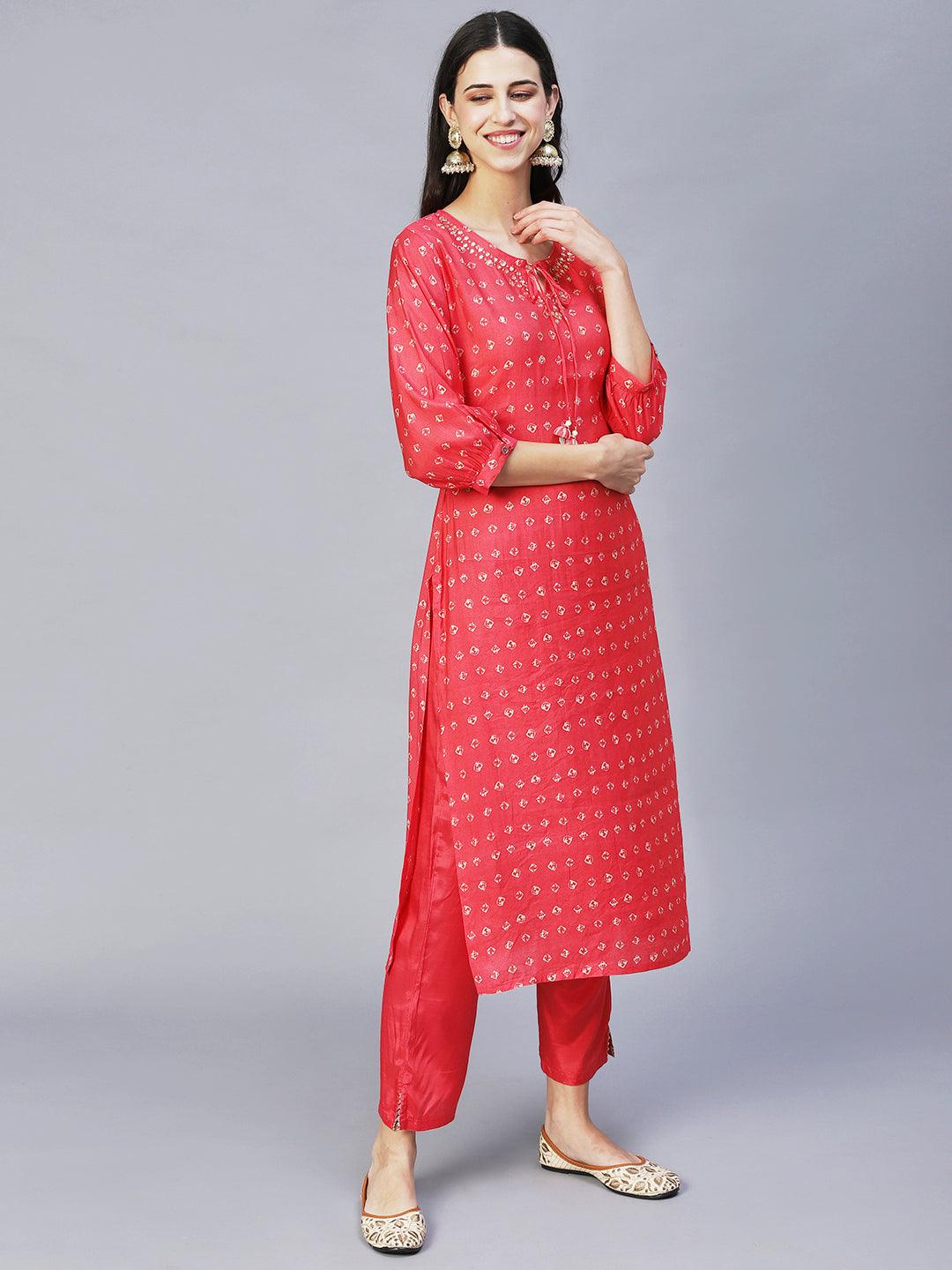 Ethnic Printed & Hand Embroidered Straight Fit Kurta with Pants - Coral Red - Indiakreations