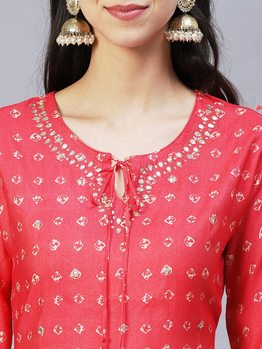 Ethnic Printed & Hand Embroidered Straight Fit Kurta with Pants - Coral Red - Indiakreations