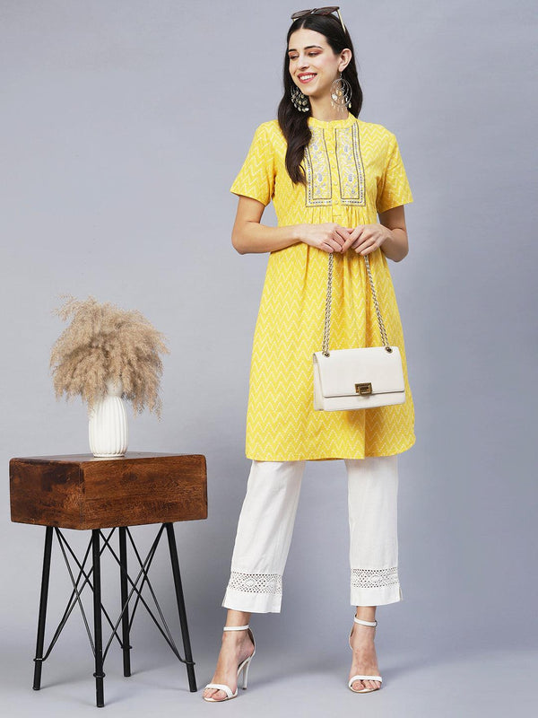 Ethnic Printed & Embroidered A-Line Kurta with Pants - Yellow - Indiakreations