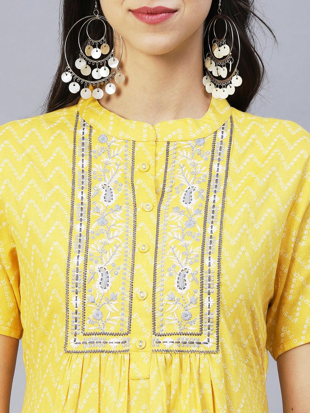 Ethnic Printed & Embroidered A-Line Kurta with Pants - Yellow - Indiakreations