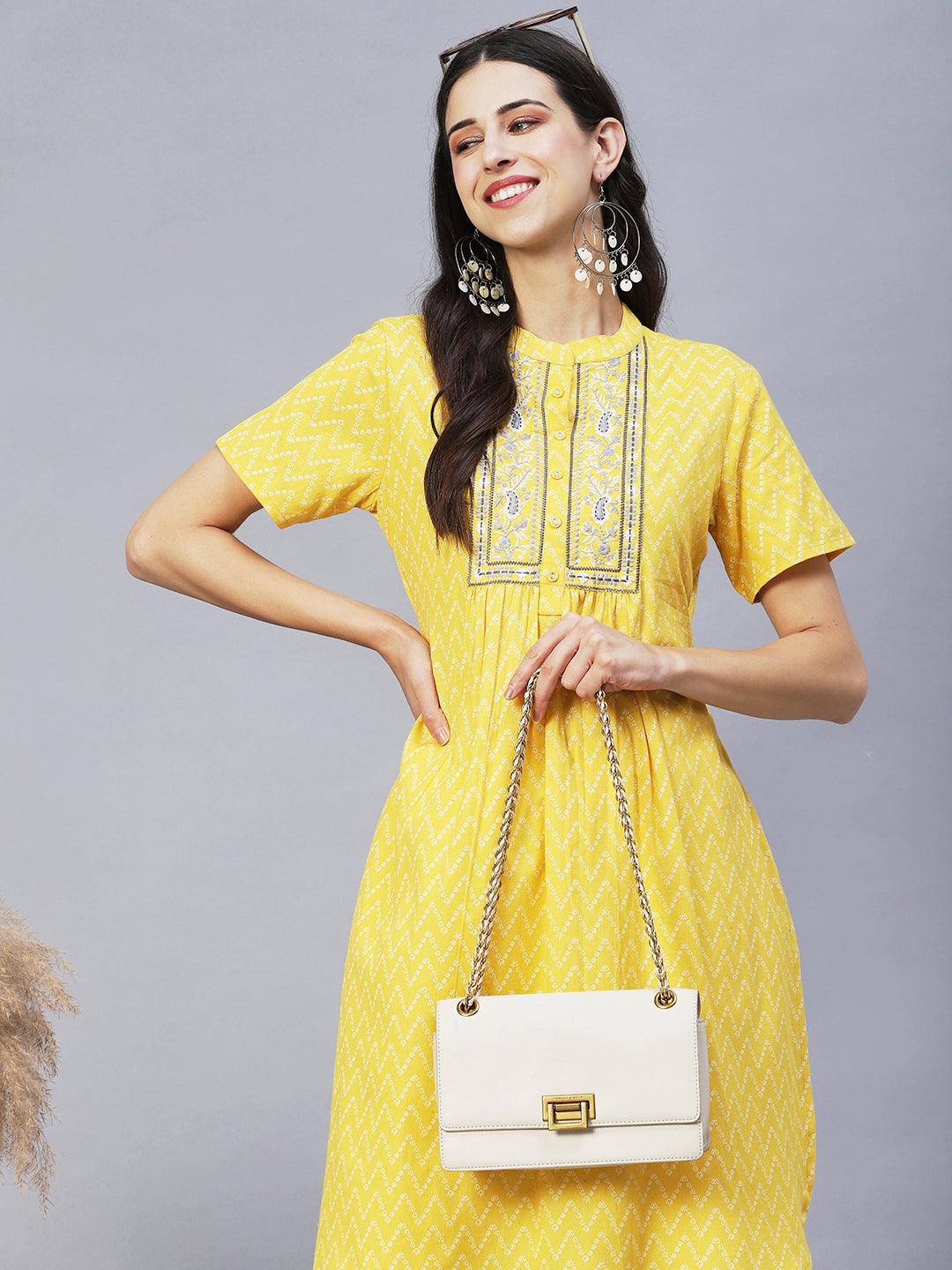 Ethnic Printed & Embroidered A-Line Kurta with Pants - Yellow - Indiakreations