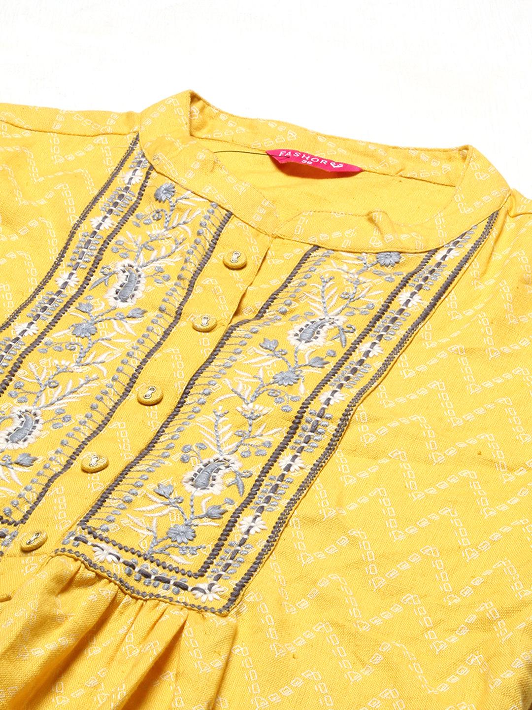 Ethnic Printed & Embroidered A-Line Kurta with Pants - Yellow - Indiakreations